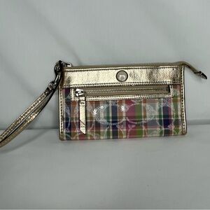 Coach Poppy Madras Plaid Sequin Wristlet With Gold Metallic Leather Trim